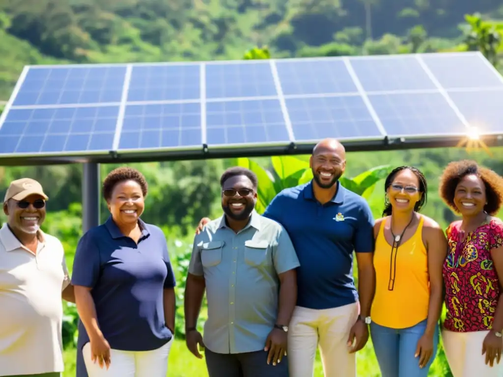 Grupo comunitario diverso celebra la instalación de proyectos solares comunitarios sostenibles, rodeados de exuberante naturaleza y colores brillantes