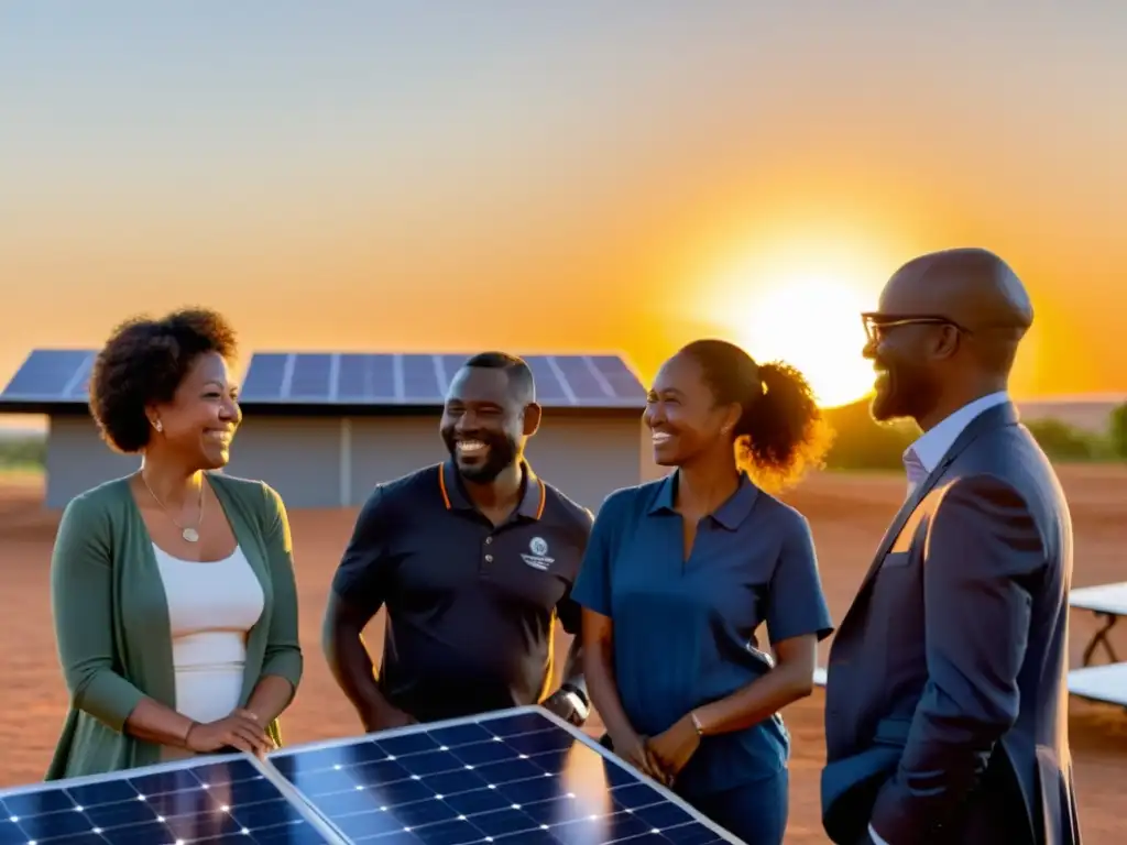 Un grupo comunitario diverso se reúne alrededor de una instalación de paneles solares al atardecer, transmitiendo una sensación de unidad y esperanza