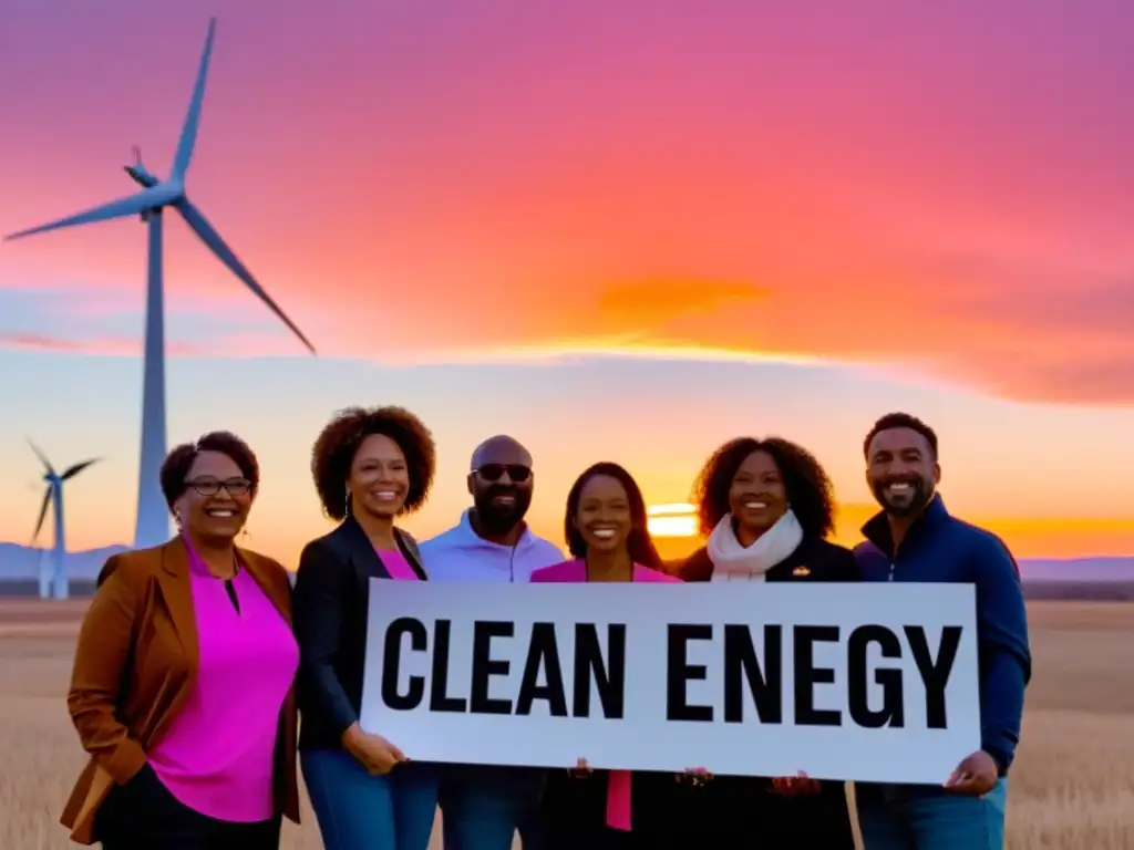 Grupo diverso de activistas de energía limpia frente a un molino eólico al atardecer, transmitiendo esperanza y determinación por un futuro sostenible