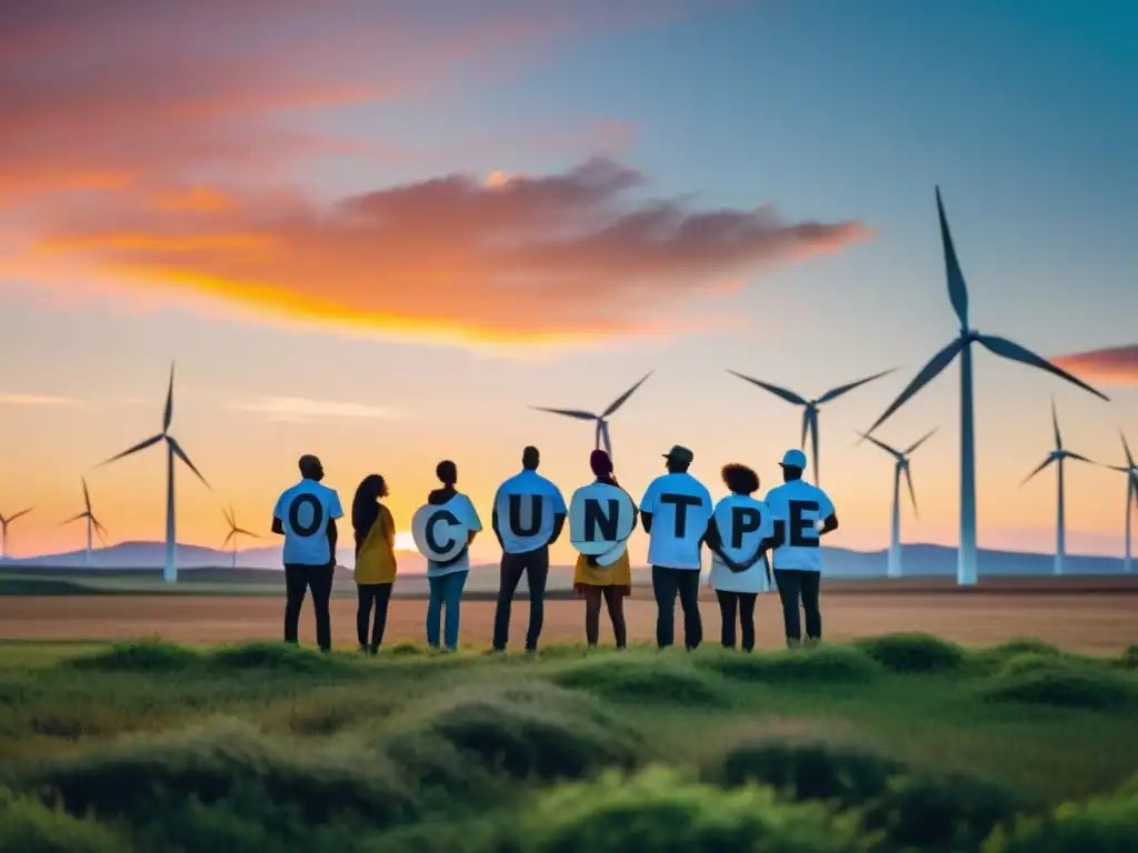 Un grupo diverso de activistas se paran frente a un parque eólico al atardecer, con camisetas y pancartas de energía renovable