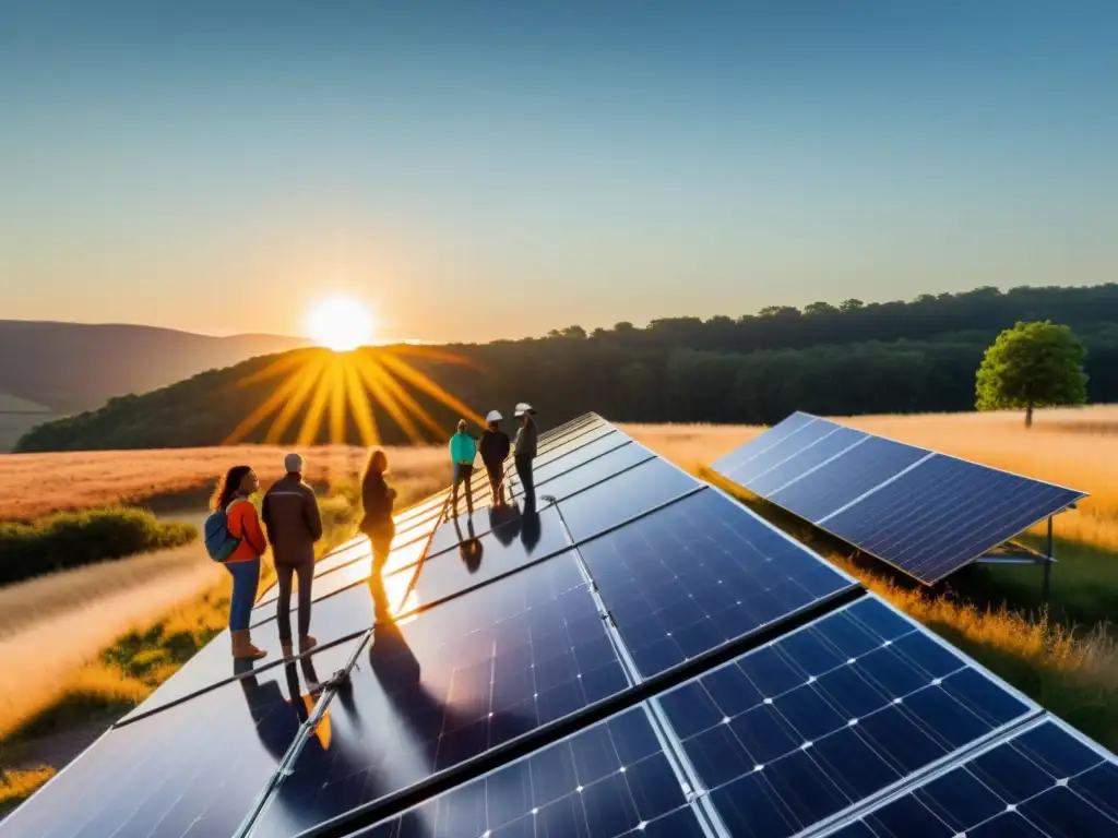 Grupo diverso de activistas alrededor de una instalación de paneles solares, expresiones culturales energía sostenible en acción