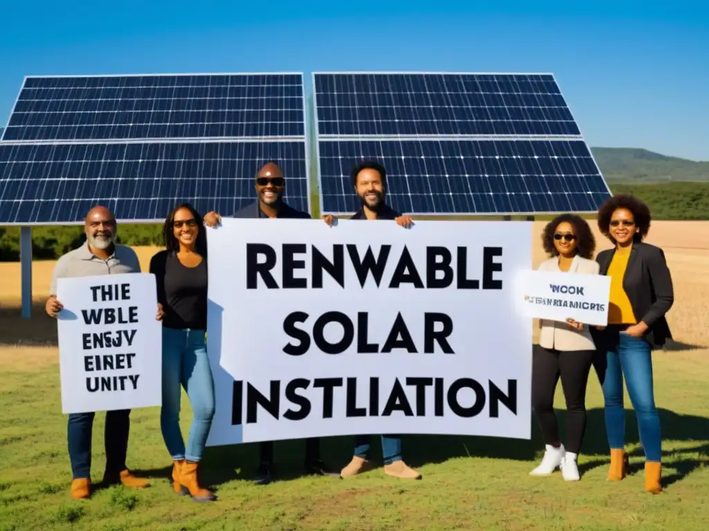 Un grupo diverso de activistas sosteniendo pancartas con consignas y símbolos de energía renovable frente a una instalación solar