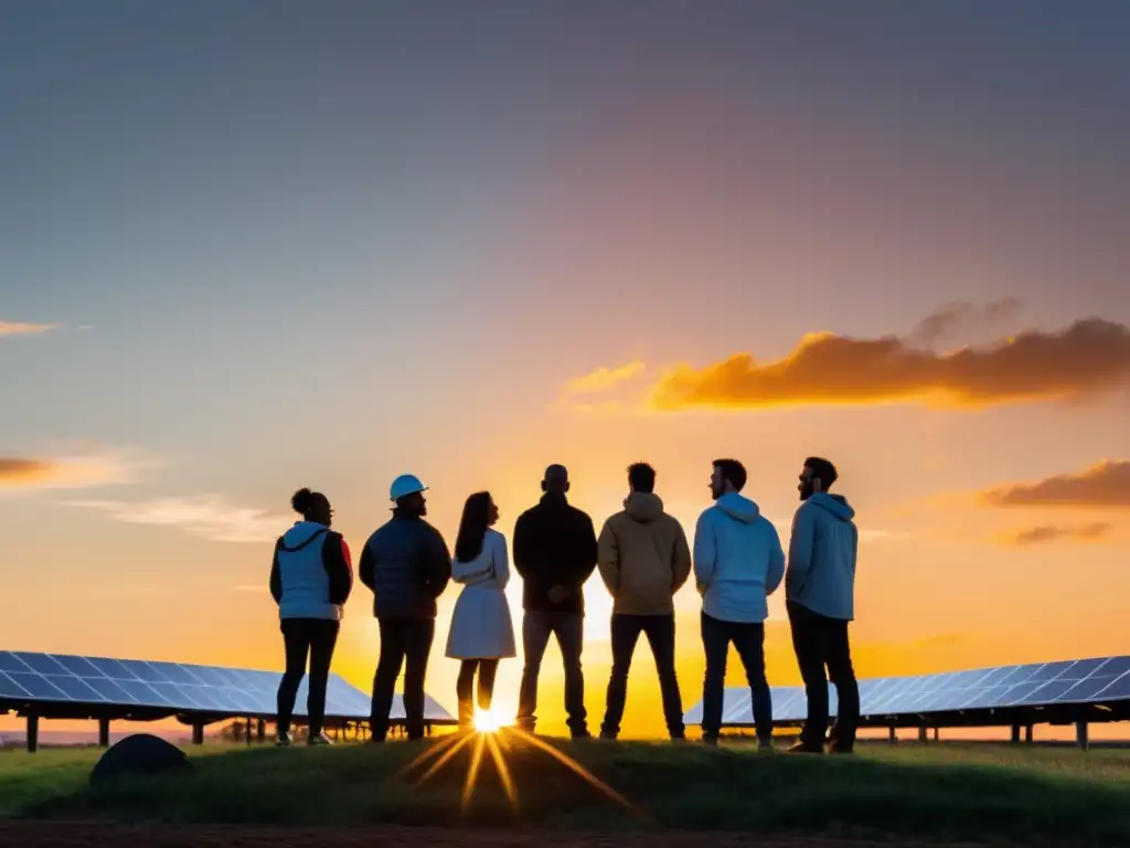 Un grupo diverso se une al atardecer entre paneles solares, transmitiendo la esencia de un proyecto solar colaborativo