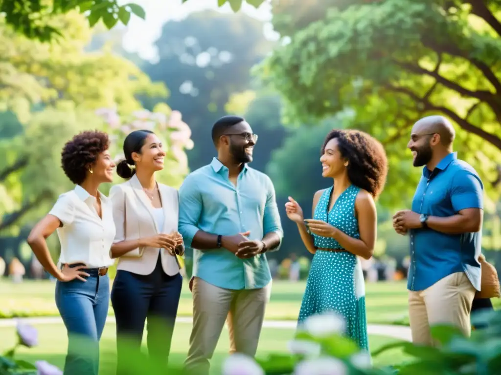 Grupo diverso en círculo, discutiendo en un parque verde