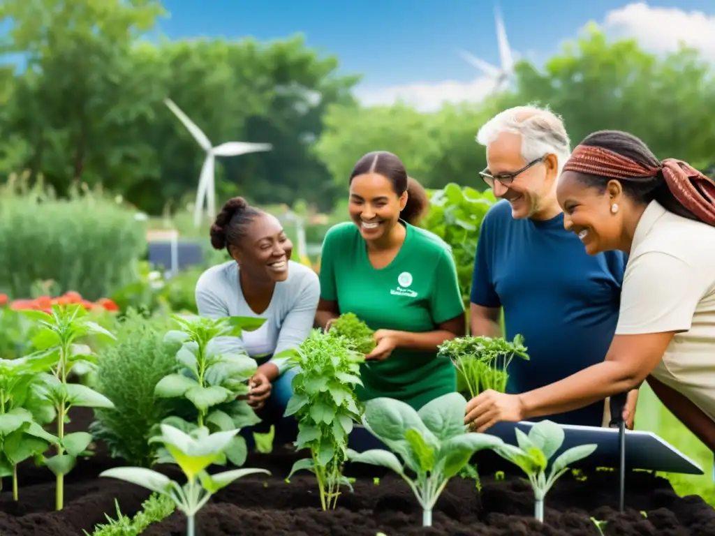 Un grupo diverso colabora en un jardín comunitario con energía sostenible