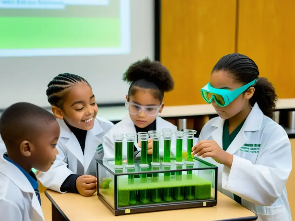 Grupo diverso de estudiantes observa experimento de bioenergía con algas, generación innovadores sostenibles educación