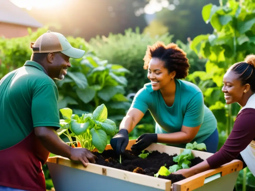 Un grupo diverso organiza evento comunitario compostaje sostenibilidad con entusiasmo al atardecer en un jardín comunitario