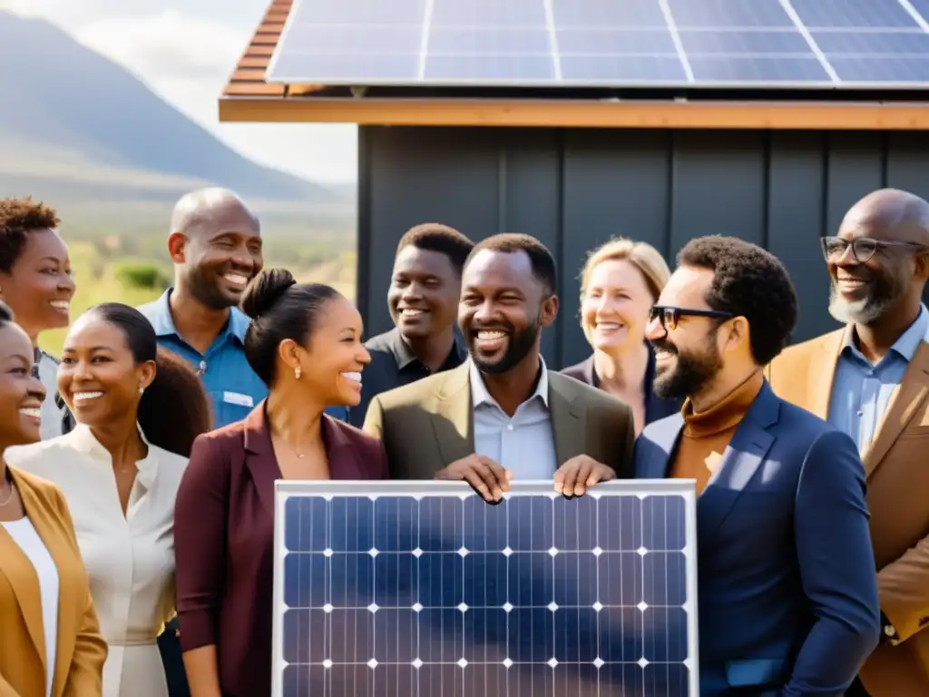 Un grupo diverso se reúne alrededor de una instalación de paneles solares, con el sol brillando