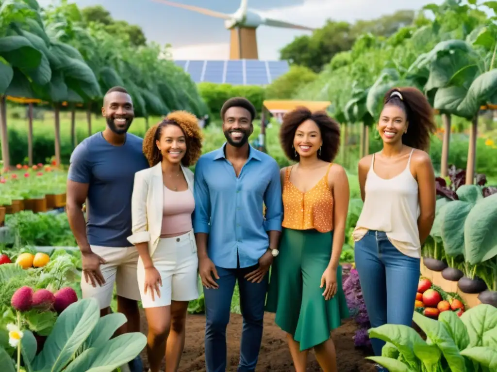 Un grupo diverso de jóvenes viste ropa sostenible y ecofriendly, unidos en un jardín comunitario vibrante