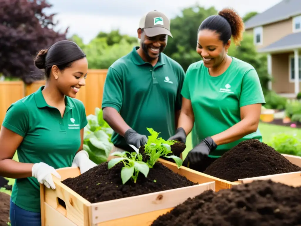 Un grupo diverso compostando juntos en un jardín comunitario, promoviendo el compostaje comunitario para hogar sostenible