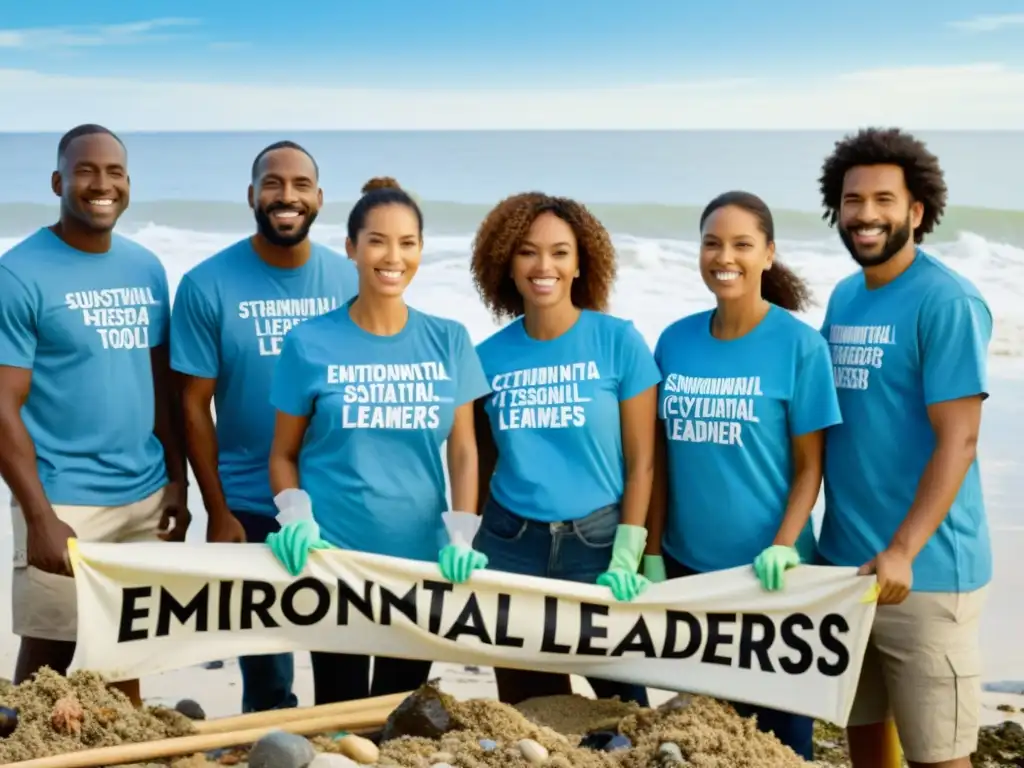 Un grupo diverso trabajando juntos para limpiar una playa contaminada, con cielos despejados y agua cristalina de fondo