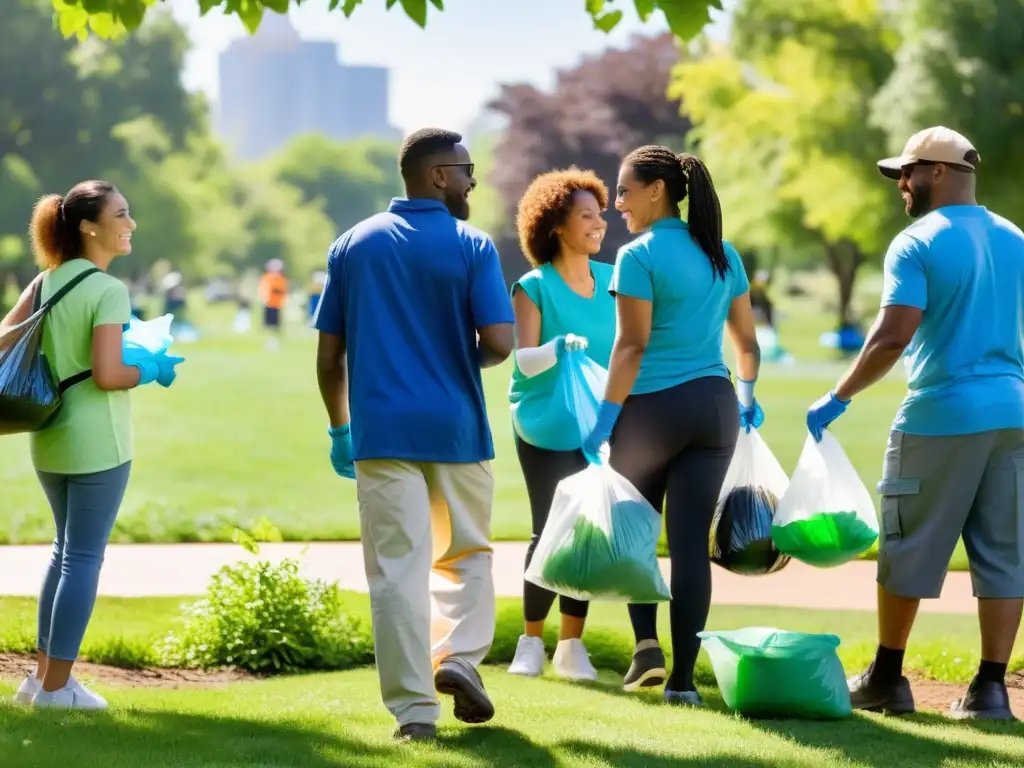 Un grupo diverso participa en una limpieza comunitaria en un parque