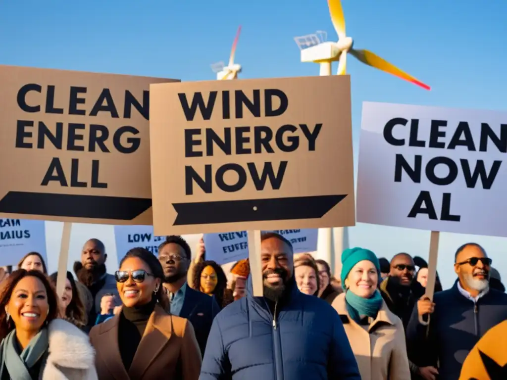 Un grupo diverso marcha unido con pancartas a favor de la energía renovable, con turbinas eólicas y paneles solares de fondo