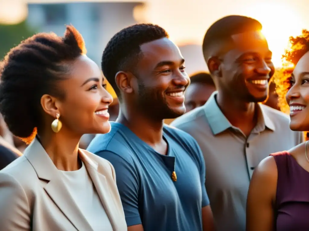 Un grupo diverso de miembros de la comunidad se reúne al atardecer, sonriendo y conversando en un ambiente cálido y unido