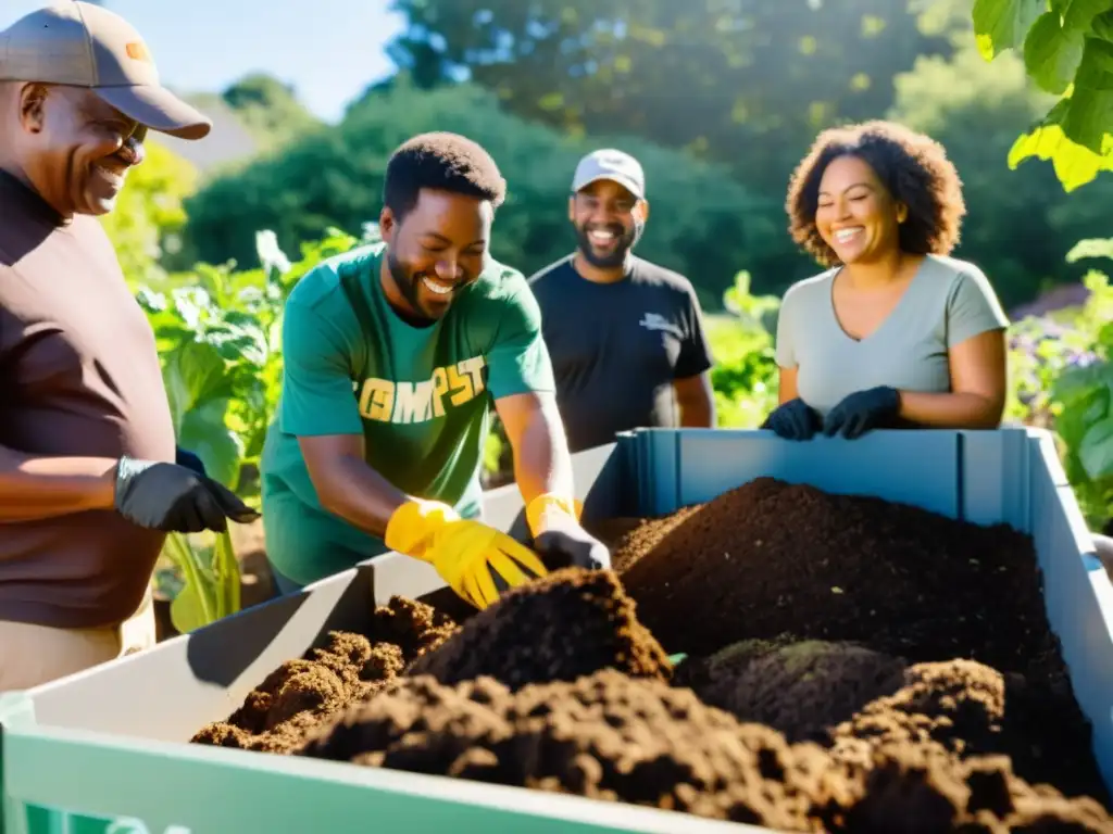 Un grupo diverso de miembros de la comunidad colabora en un compostaje comunitario para hogar sostenible en un jardín