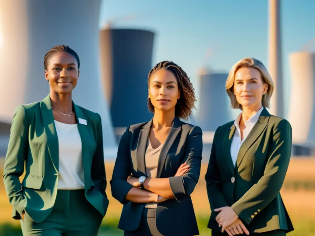 Un grupo diverso de mujeres en atuendo profesional, de pie con determinación frente a una instalación de energía limpia