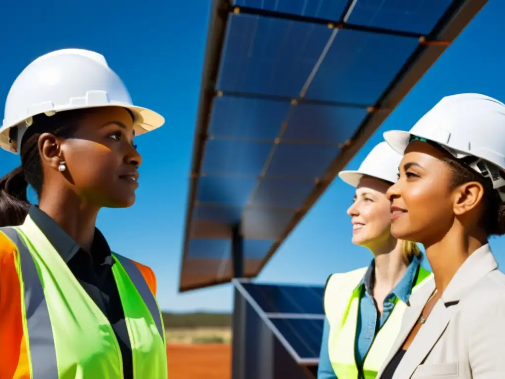 Un grupo diverso de mujeres con cascos y equipo de seguridad discute frente a una gran instalación de paneles solares