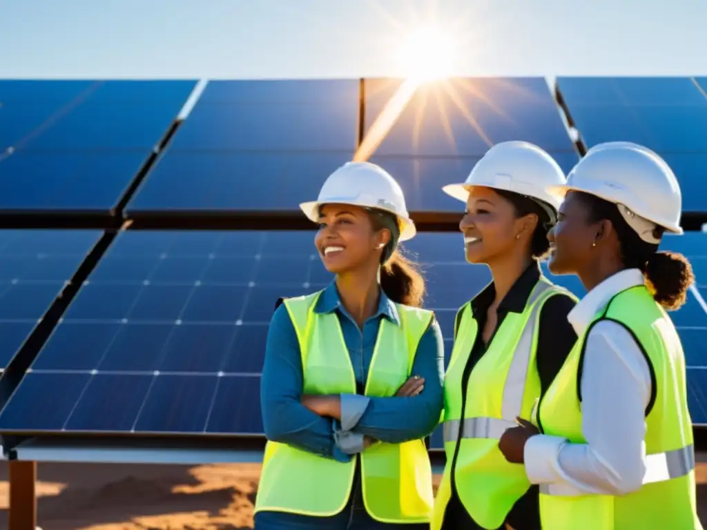 Un grupo diverso de mujeres con cascos y equipo de seguridad, discuten frente a una gran instalación de paneles solares