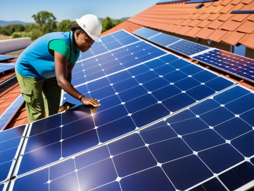 Un grupo diverso instala paneles solares en un edificio comunitario, mostrando el impulso de energía solar en comunidades sostenibles