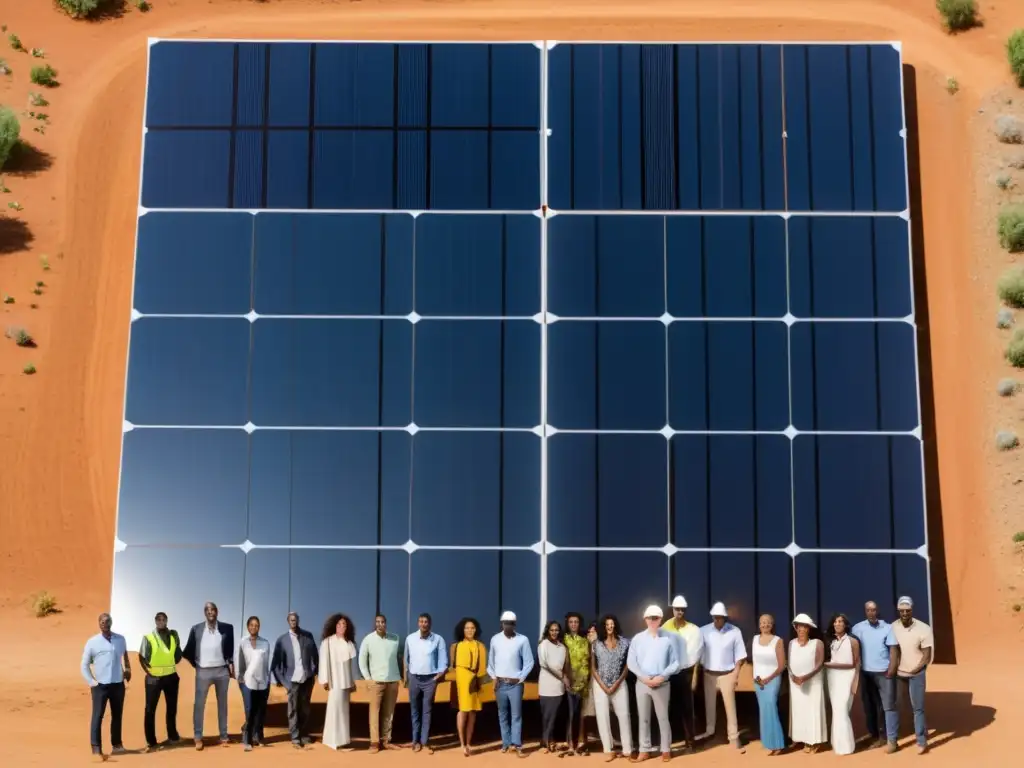 Un grupo diverso se reúne alrededor de paneles solares, con el sol brillando detrás