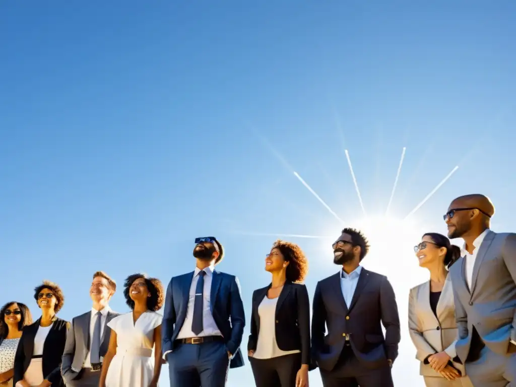 Un grupo diverso observa paneles solares en un cielo soleado, representando políticas energía solar colaborativa