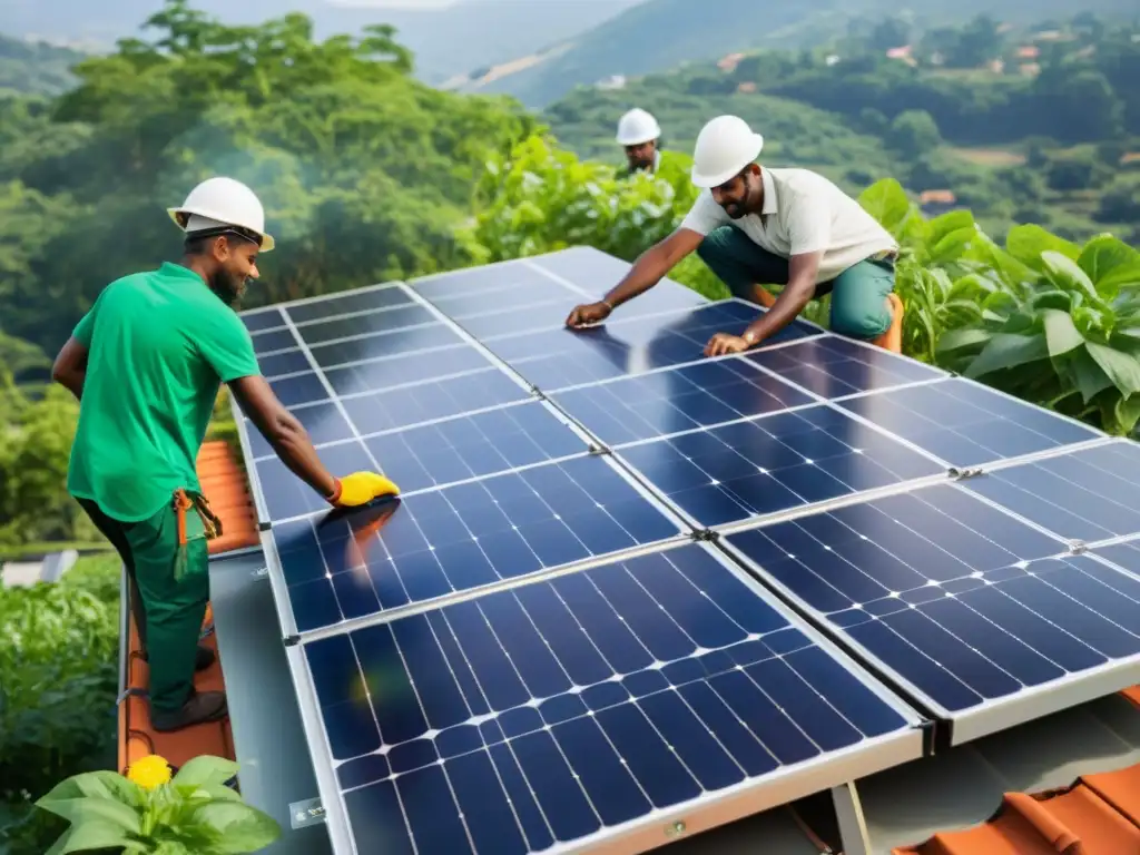 Un grupo diverso instala paneles solares en comunidad, con vegetación exuberante y brillante sol