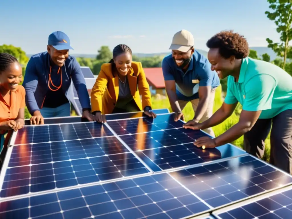 Un grupo diverso instalando paneles solares en comunidad