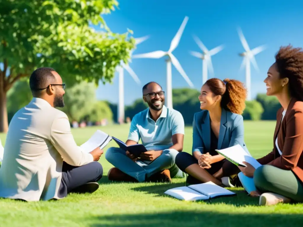 Un grupo diverso se reúne en un parque soleado para discutir soluciones de energía limpia, transmitiendo colaboración y empoderamiento