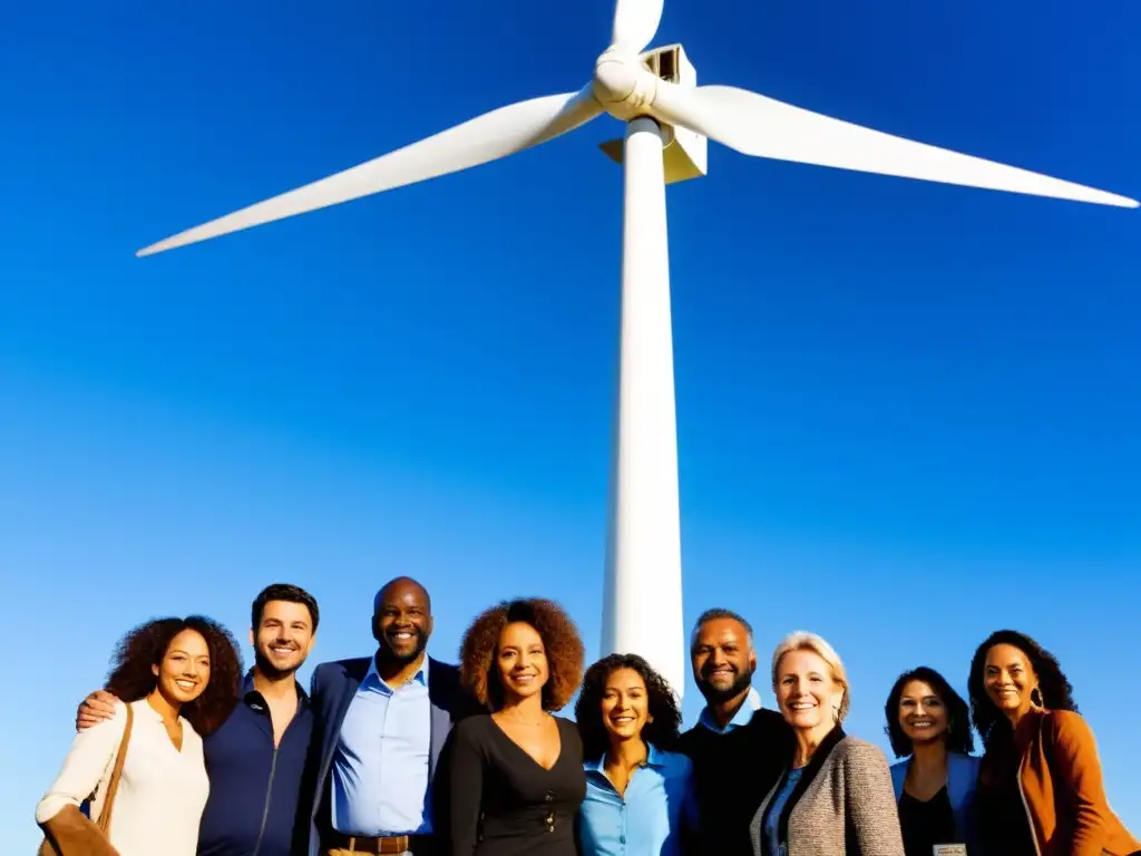 Un grupo diverso de personas frente a un molino de viento, simbolizando cooperativas de energía renovable sostenible