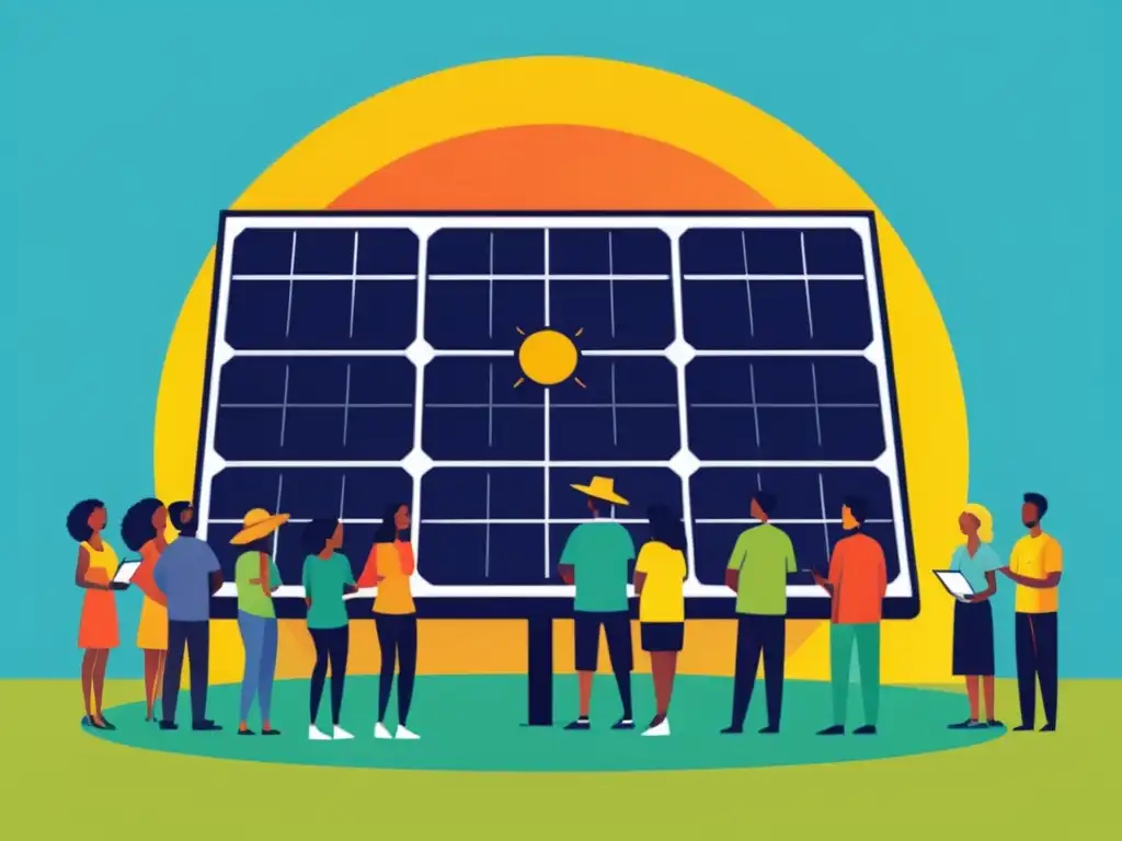 Un grupo diverso de personas se reúne alrededor de un panel solar para participar en charlas informativas sobre transición energética