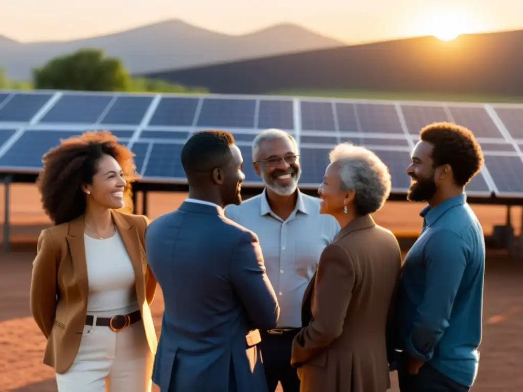 Un grupo diverso de personas se reúne alrededor de paneles solares al atardecer, mostrando entusiasmo y colaboración