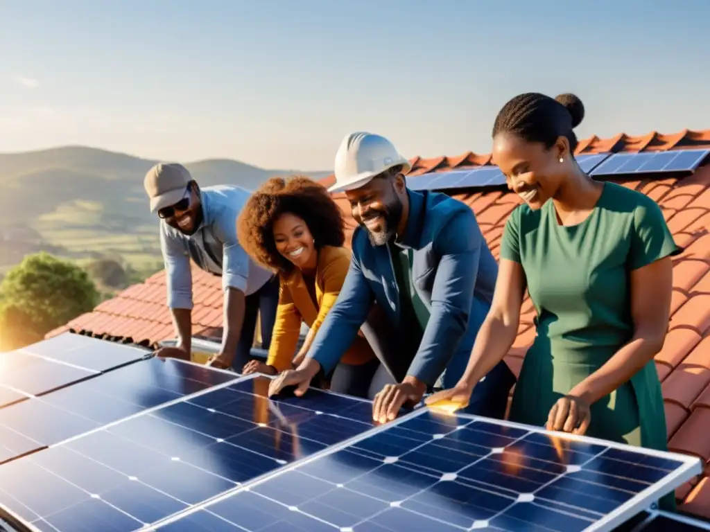 Un grupo diverso de personas instala paneles solares en un tejado, resplandeciendo el sol