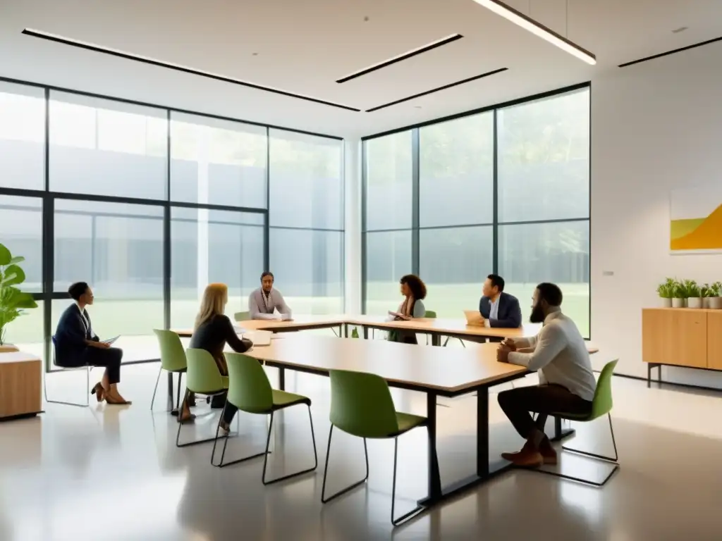 Grupo diverso de profesionales discutiendo en aula ecoamigable