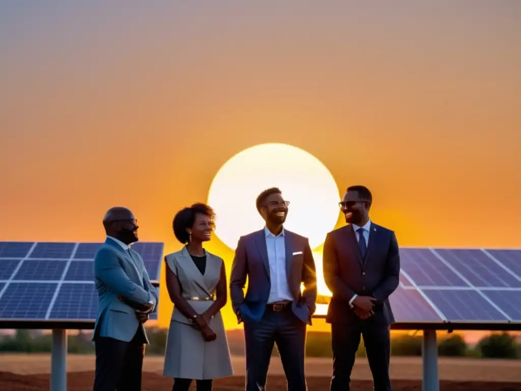 Un grupo diverso de profesionales y miembros de la comunidad se paran juntos, enfrentando el sol que se pone detrás de ellos, proyectando un cálido resplandor dorado sobre la escena