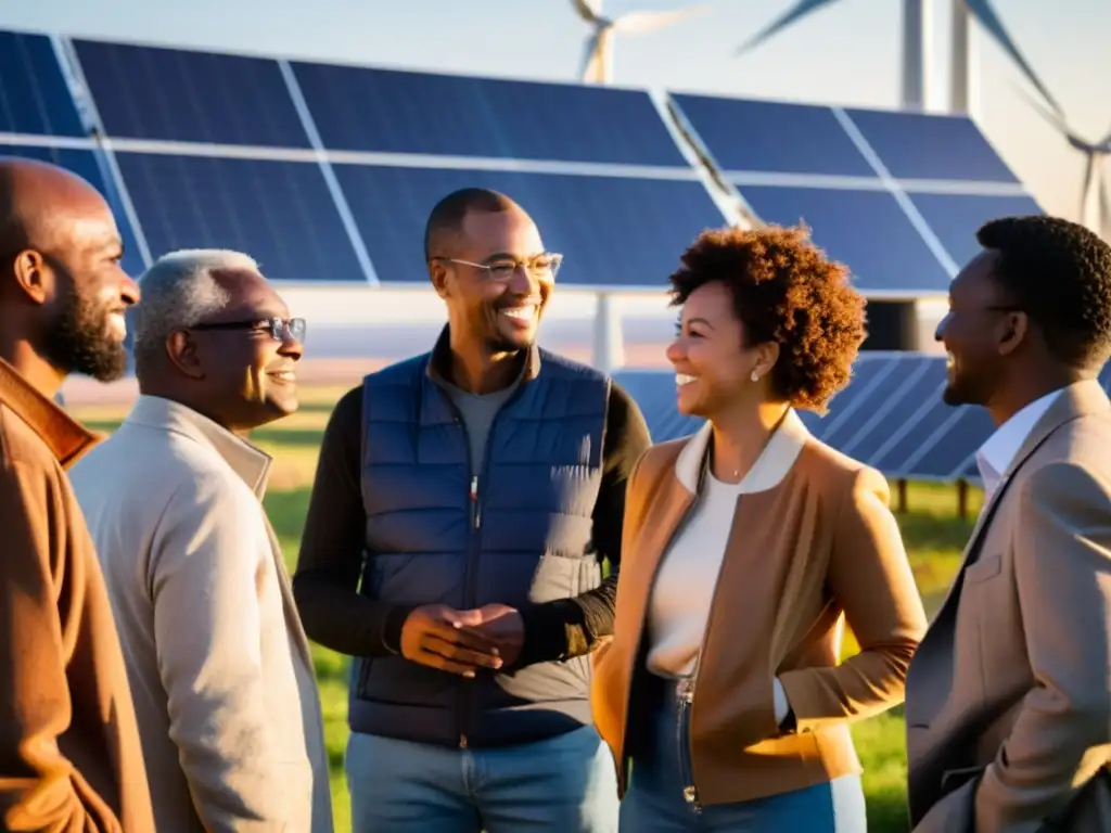 Grupo diverso colaborando en proyectos de energía renovable al atardecer