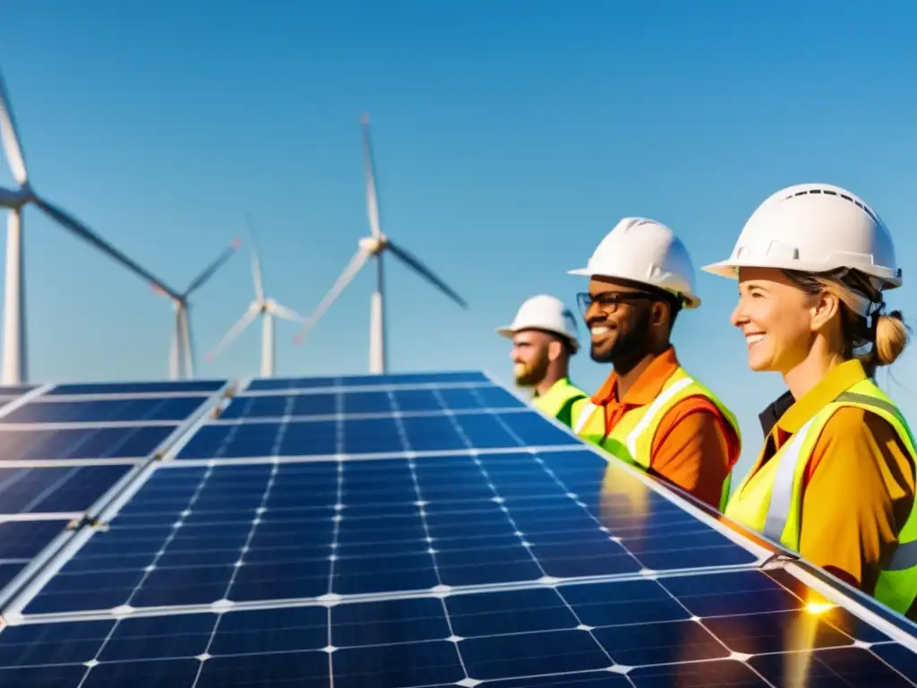 Un grupo diverso de trabajadores colabora en un proyecto de energía renovable, con paneles solares y turbinas eólicas al fondo