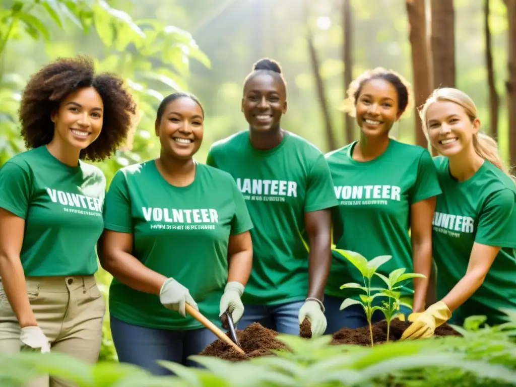 Grupo diverso de voluntarios plantando árboles en un bosque soleado, transmitiendo un mensaje de comunidad y sostenibilidad