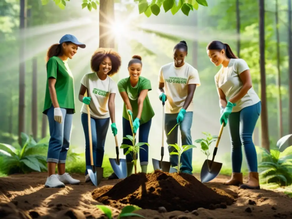 Grupo diverso de voluntarios plantando árboles en un bosque exuberante, transmitiendo energía sostenible y cuidado ambiental