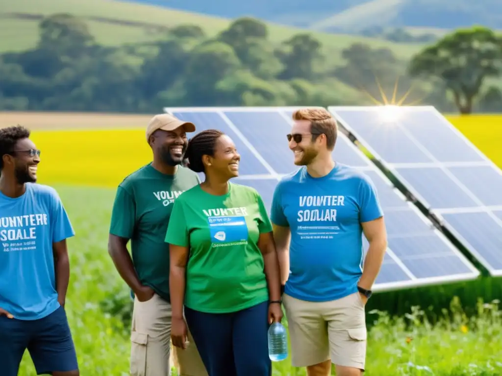 Un grupo diverso de voluntarios con camisetas ecológicas, sonriendo y conversando frente a paneles solares en un campo verde exuberante