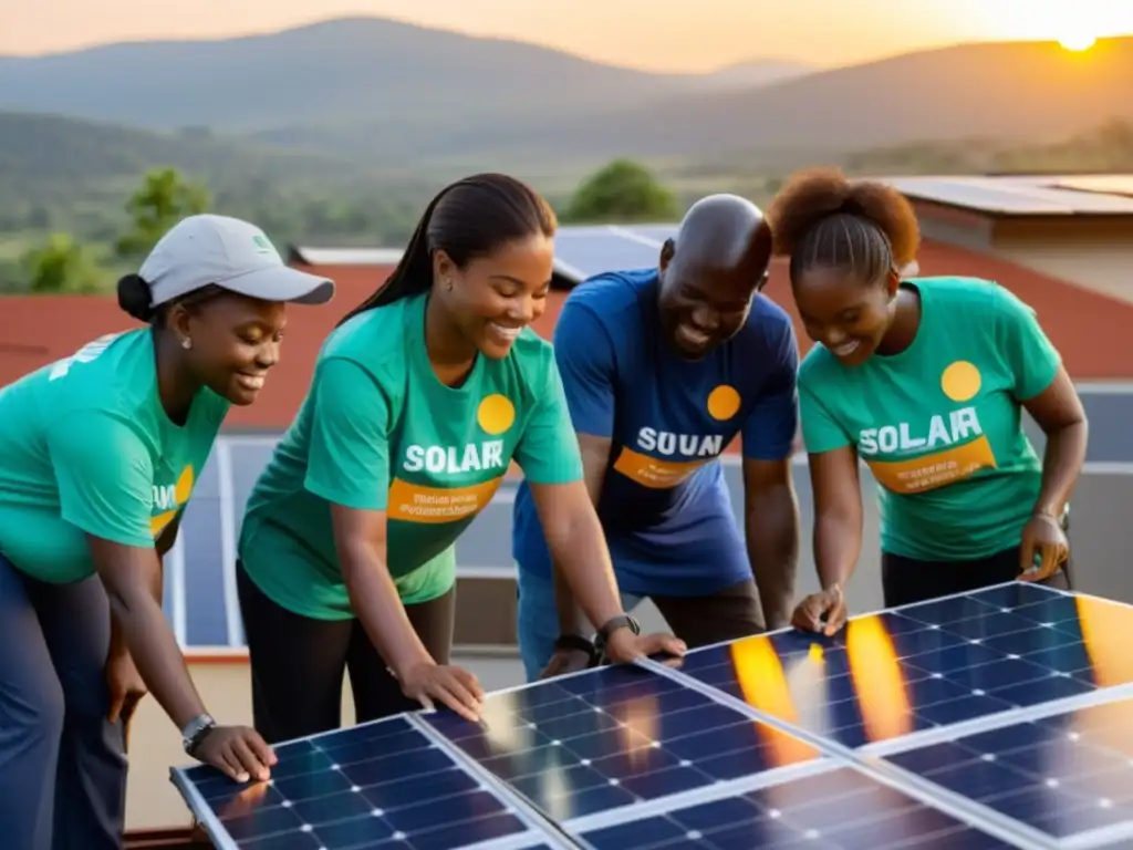 Un grupo diverso de voluntarios instala paneles solares en un centro comunitario al atardecer