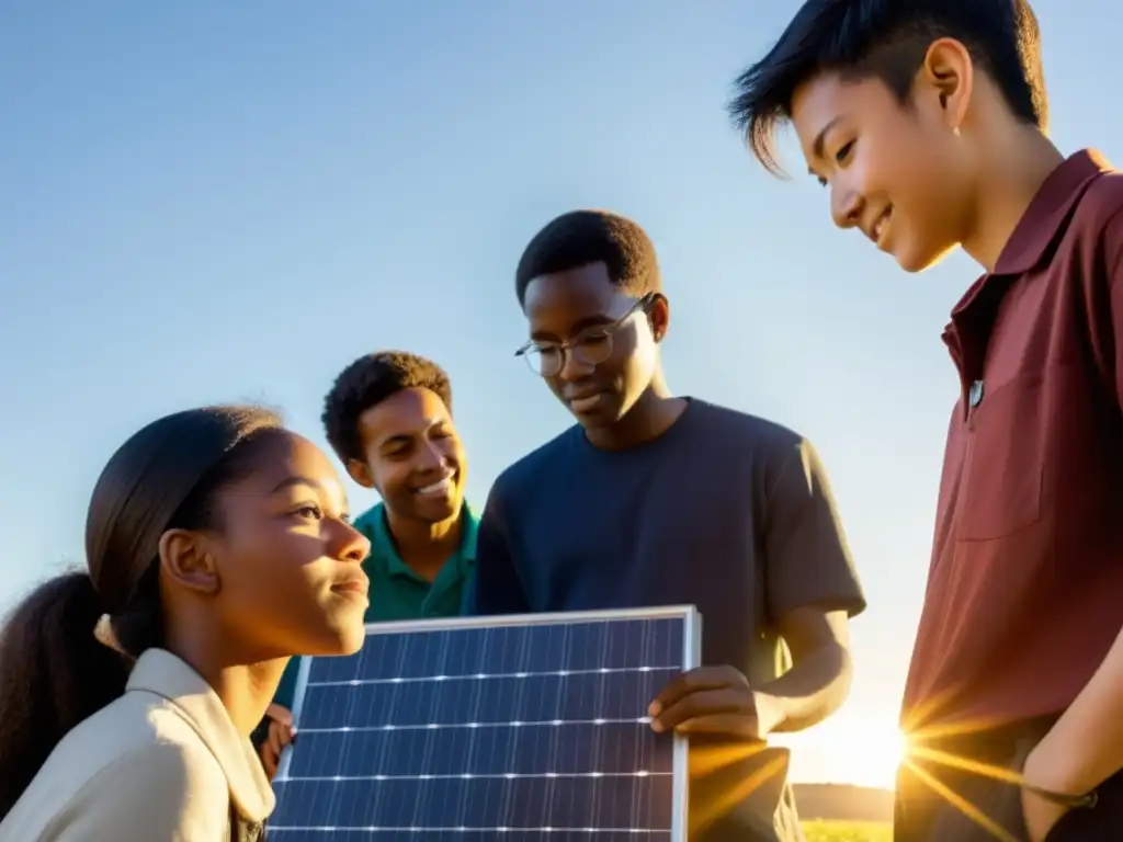 Un grupo de estudiantes diversos examina con entusiasmo un panel solar, mostrando su interés en programas educativos energía solar colaborativos