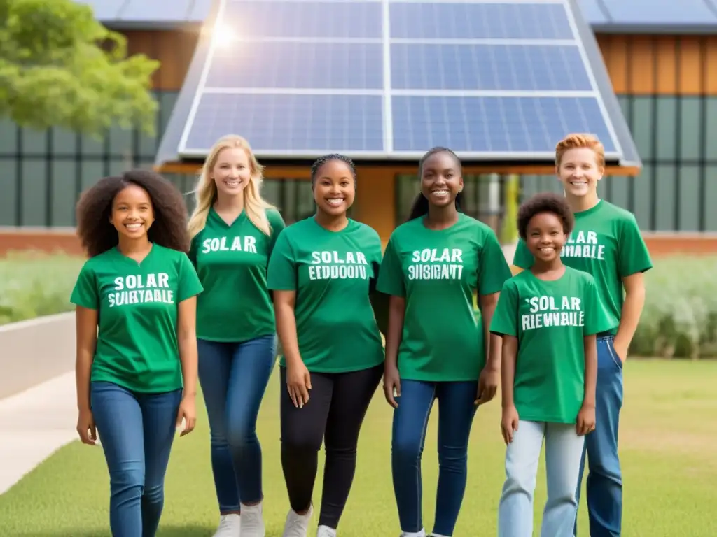 Un grupo de estudiantes entusiastas y diversos con camisas verdes sostienen símbolos de energía renovable frente a una escuela sostenible