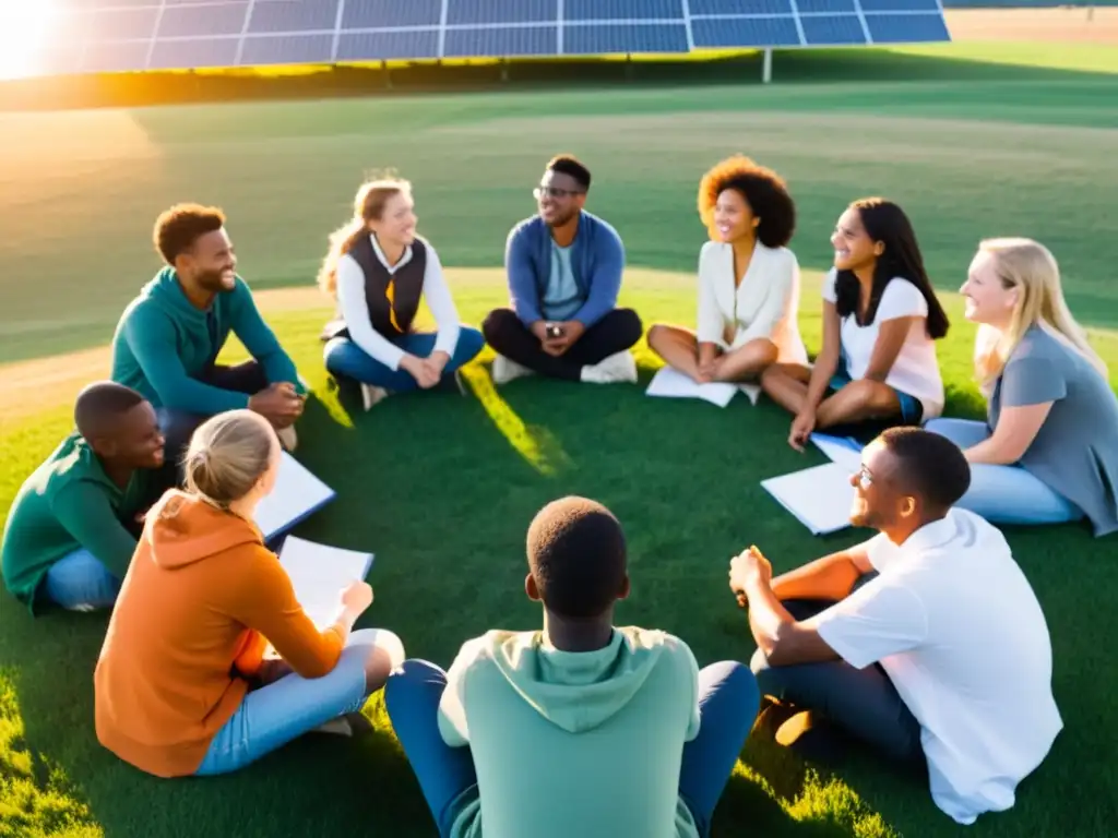 Grupo de estudiantes discuten iniciativas escolares de energía sostenible en campo con paneles solares y turbinas eólicas al atardecer