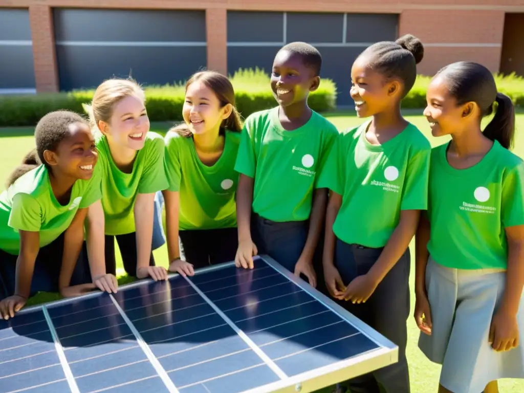 Un grupo de estudiantes rodea una instalación de paneles solares en el patio de la escuela