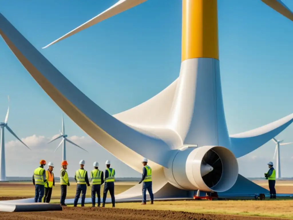 Grupo de ingenieros desmontando con cuidado una pala de aerogenerador, resaltando los desafíos ambientales del desmantelamiento de aerogeneradores