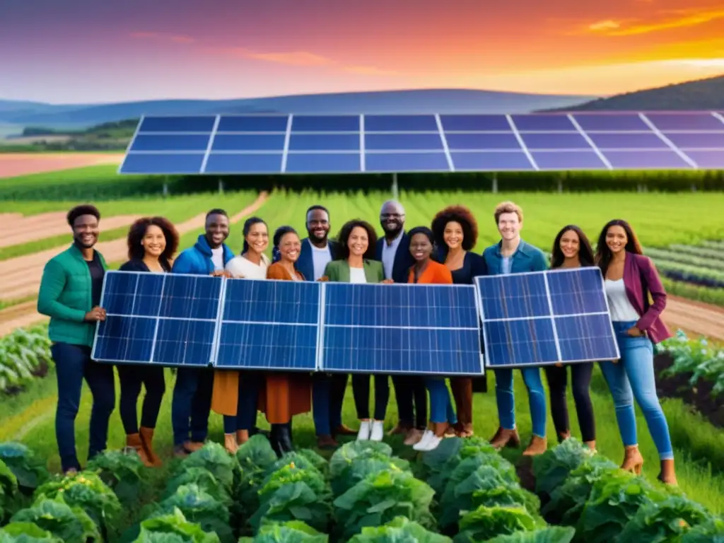 Un grupo de jóvenes activistas frente a paneles solares, simbolizando la coexistencia armoniosa entre la naturaleza y la energía renovable