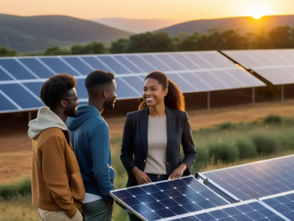 Grupo de jóvenes agentes de cambio en energías limpias, unidos frente a paneles solares al atardecer