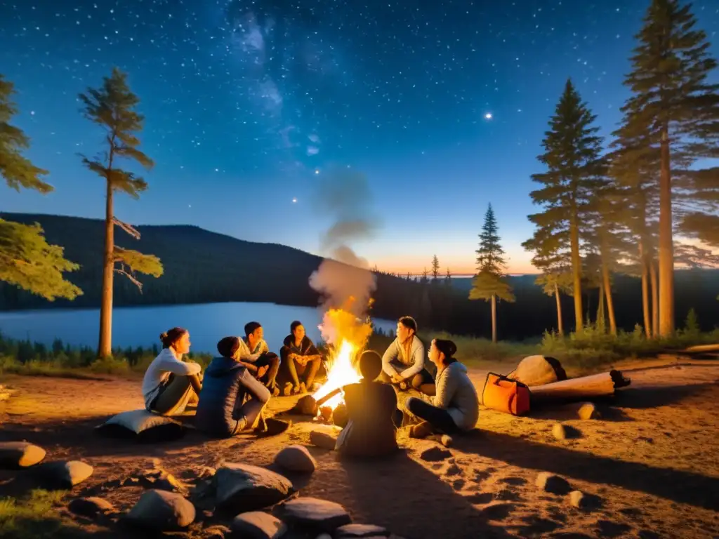 Grupo de jóvenes campistas disfrutando de un campamento de verano sostenible para jóvenes, rodeados de naturaleza y compañerismo bajo las estrellas