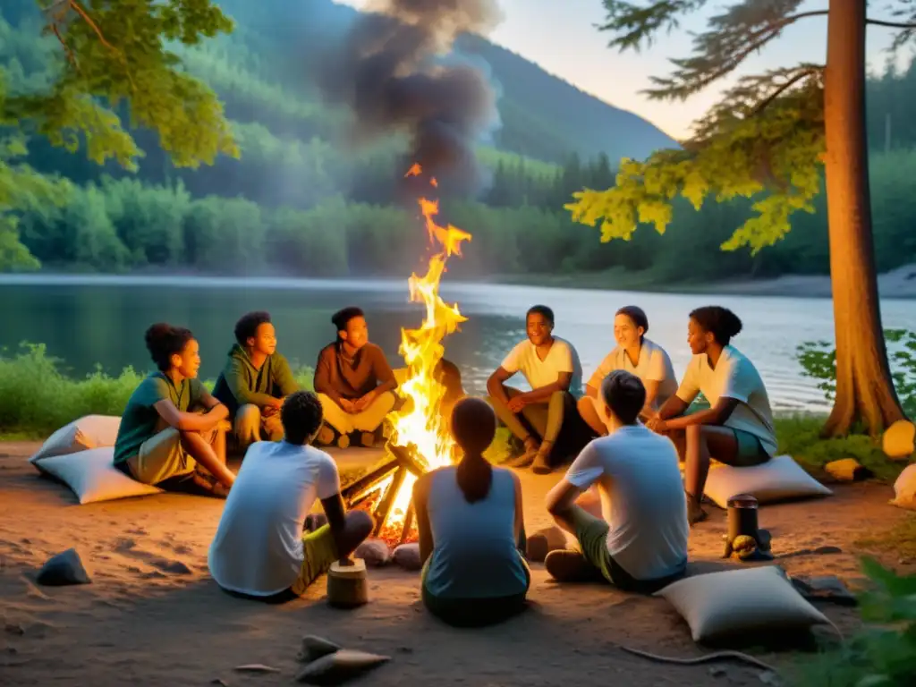 Grupo de jóvenes campistas en un campamento de verano sostenible, compartiendo alrededor de la fogata entre árboles frondosos al anochecer