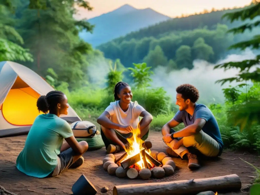 Un grupo de jóvenes campistas sostenibles disfrutan de una animada charla alrededor de la fogata en el bosque